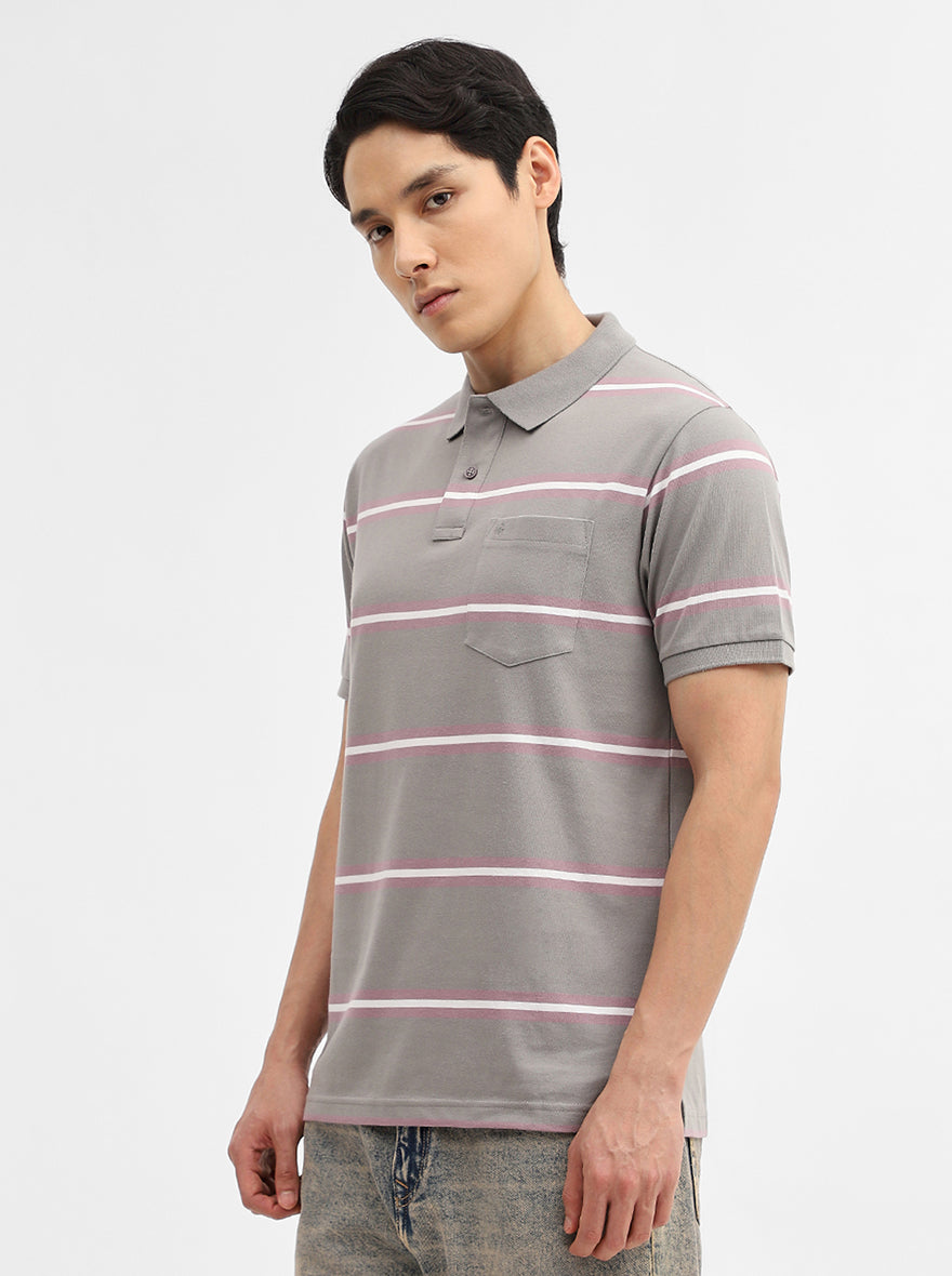 Light Grey & Pink Striped Slim Fit Polo T-Shirt | Greenfibre
