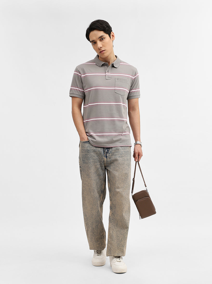 Light Grey & Pink Striped Slim Fit Polo T-Shirt | Greenfibre