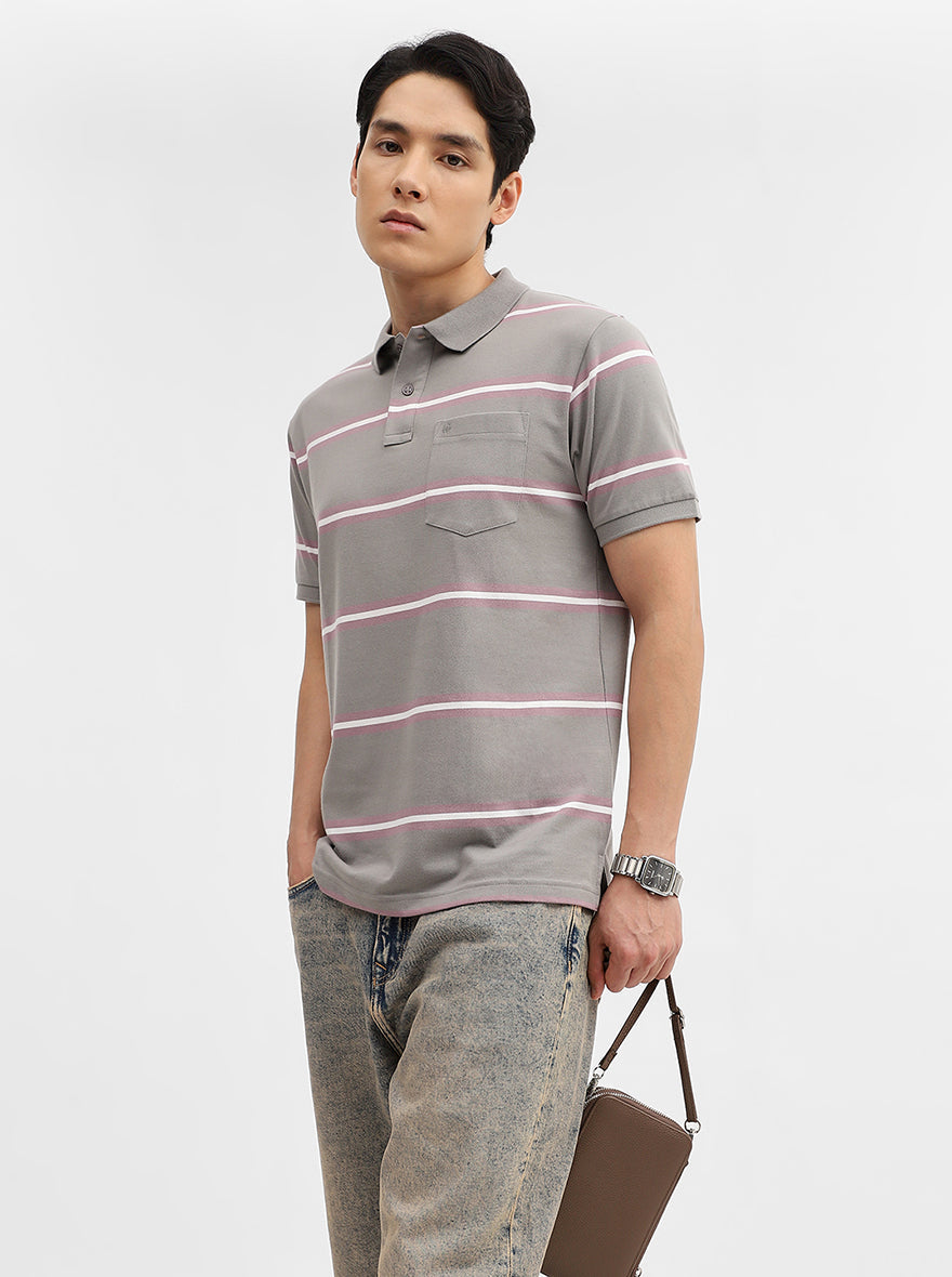 Light Grey & Pink Striped Slim Fit Polo T-Shirt | Greenfibre