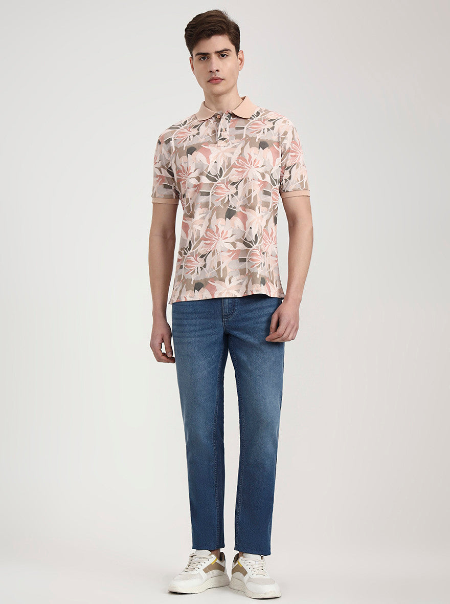 Peach Printed Slim Fit Polo T-Shirt | Greenfibre