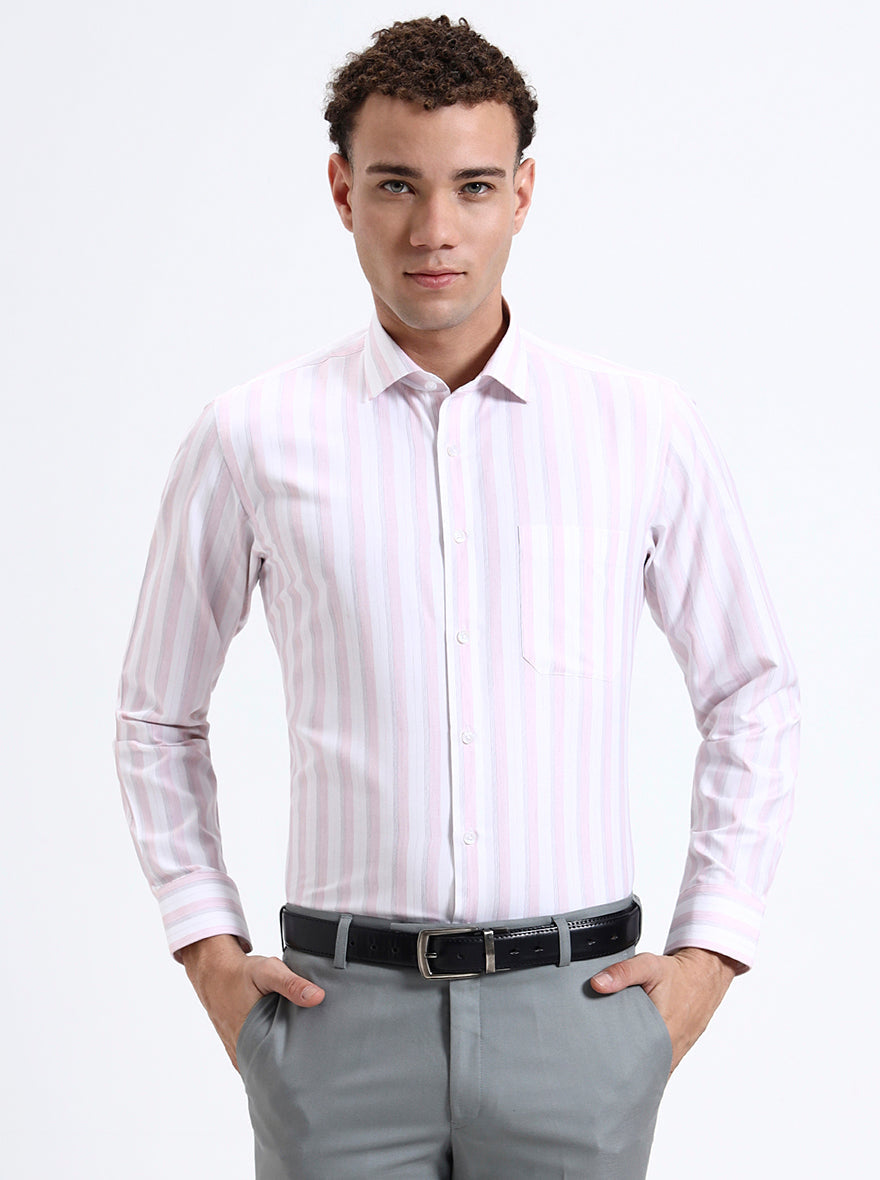 White & Pink Striped Slim Fit Formal Shirt | Greenfibre