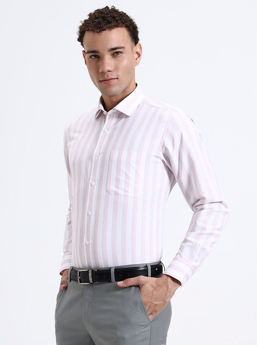 White & Pink Striped Slim Fit Formal Shirt | Greenfibre
