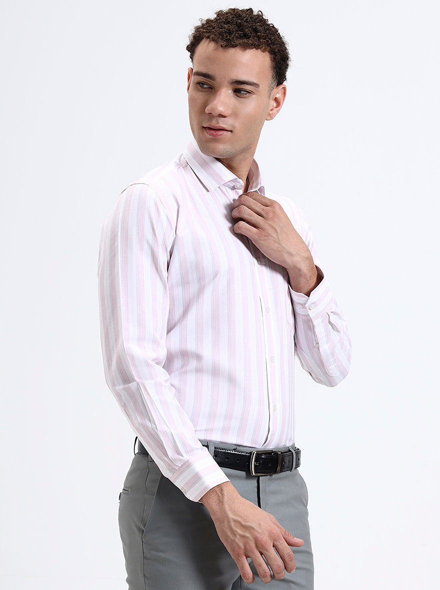 White & Pink Striped Slim Fit Formal Shirt | Greenfibre