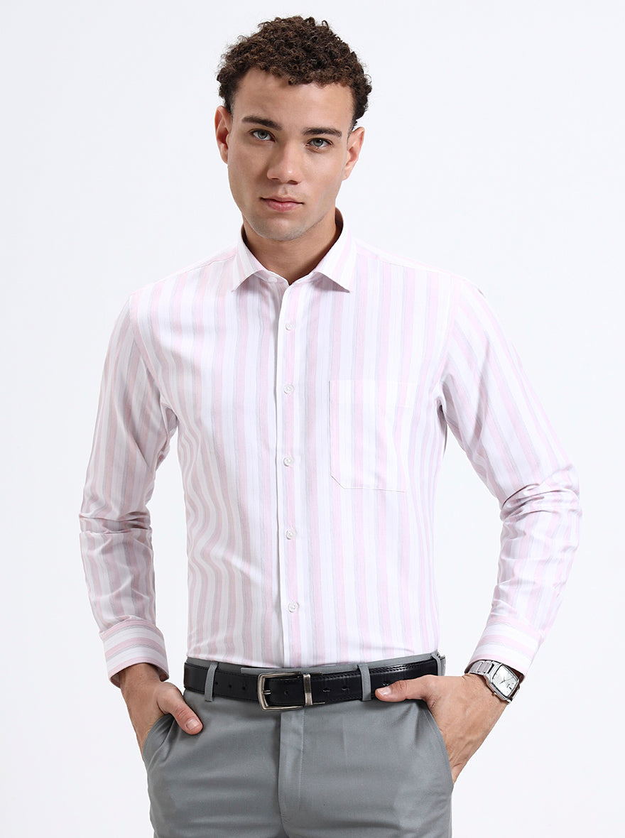 White & Pink Striped Slim Fit Formal Shirt | Greenfibre