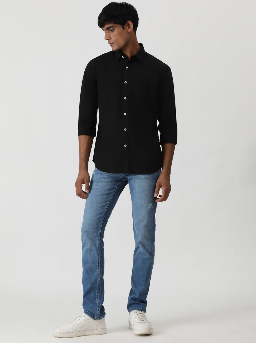 Black Solid Slim Fit Casual Shirt | Greenfibre