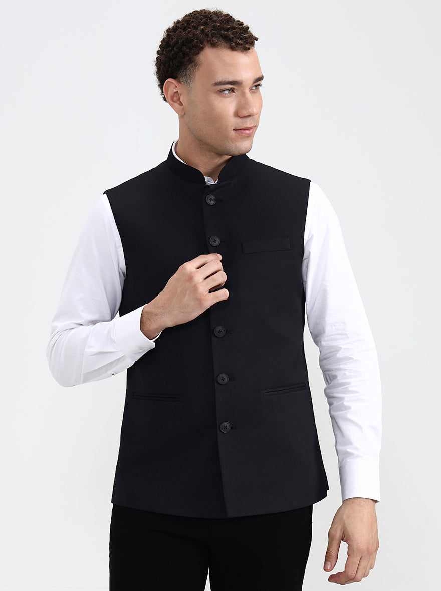 Black Solid Regular Fit Waistcoat  | Greenfibre