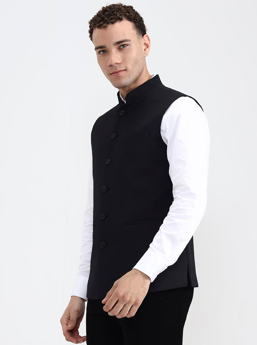 Black Solid Regular Fit Waistcoat  | Greenfibre