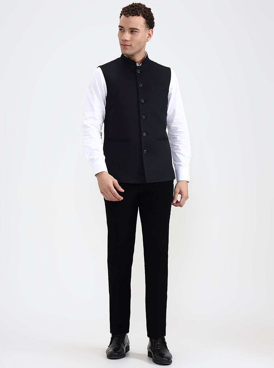 Black Solid Regular Fit Waistcoat  | Greenfibre