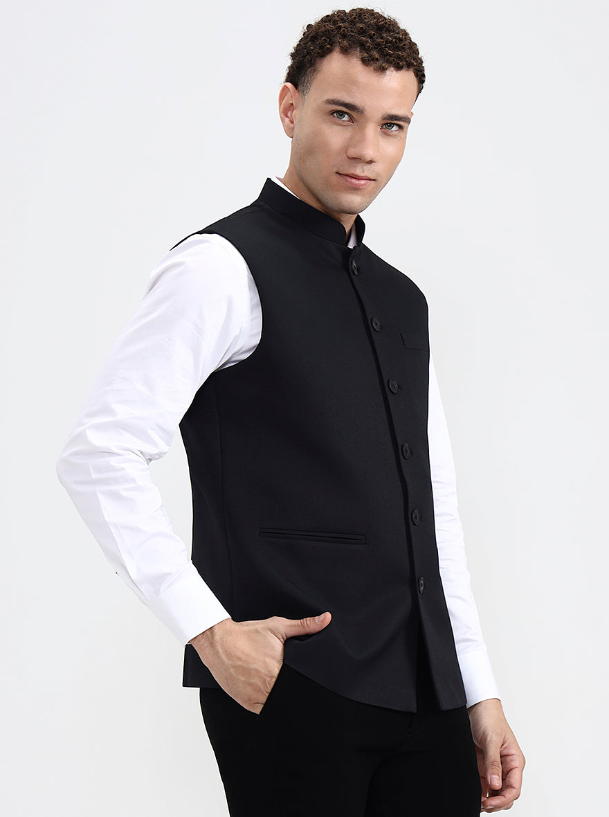 Black Solid Regular Fit Waistcoat  | Greenfibre