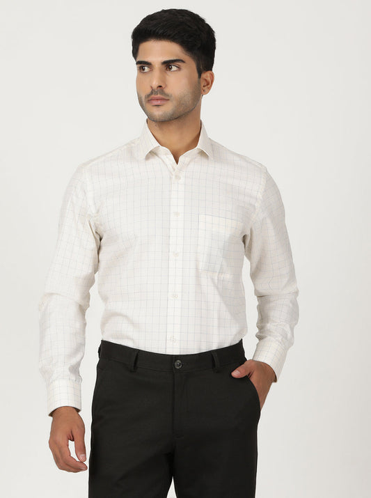 Cream Checked Slim Fit Formal Shirt | Greenfibre