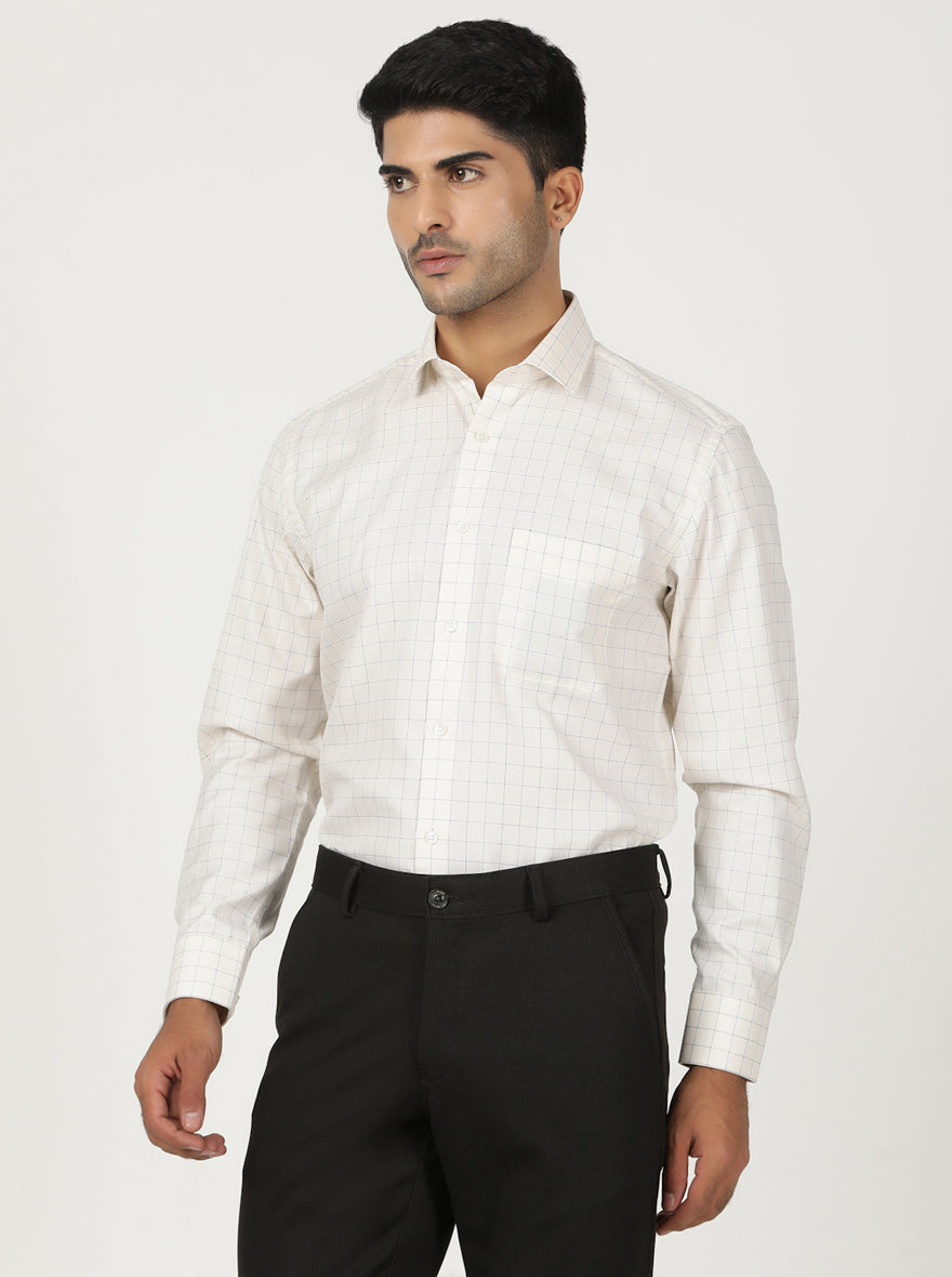 Cream Checked Slim Fit Formal Shirt | Greenfibre