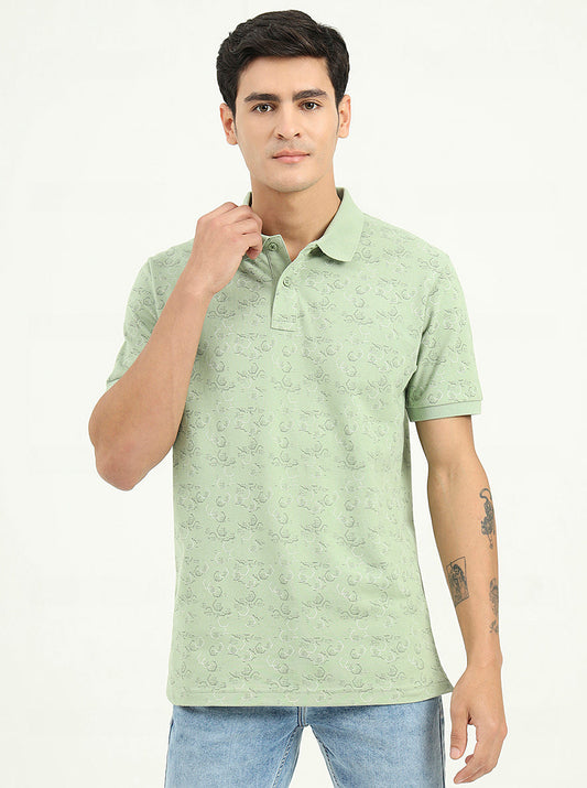 Light Green Printed Slim Fit Polo T-Shirt | Greenfibre