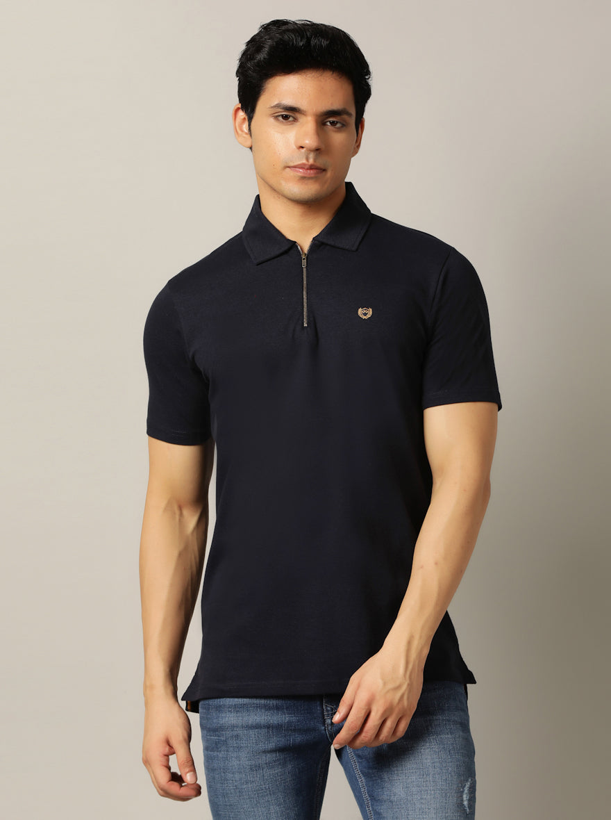 Navy Blue Solid Slim Fit Polo T-Shirt | JadeBlue