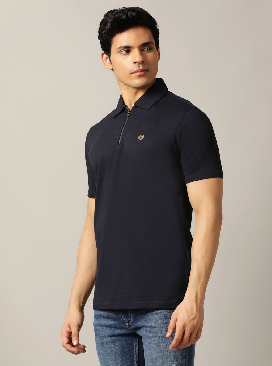 Navy Blue Solid Slim Fit Polo T-Shirt | JadeBlue