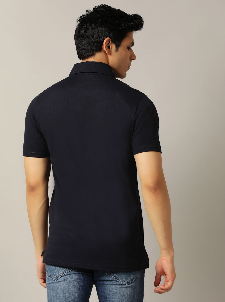 Navy Blue Solid Slim Fit Polo T-Shirt | JadeBlue