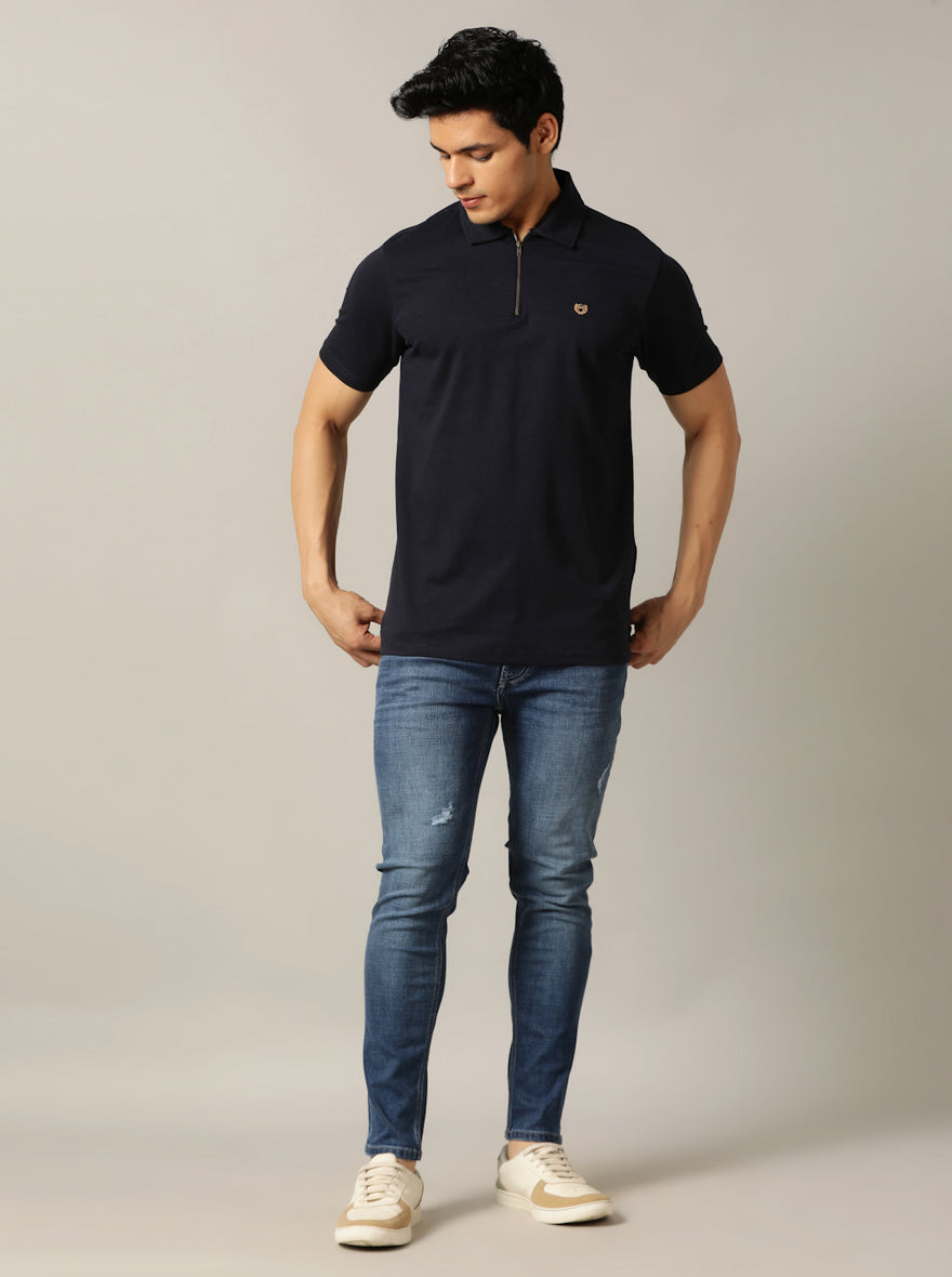 Navy Blue Solid Slim Fit Polo T-Shirt | JadeBlue