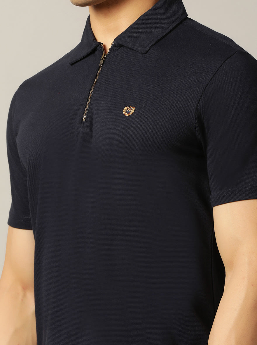 Navy Blue Solid Slim Fit Polo T-Shirt | JadeBlue