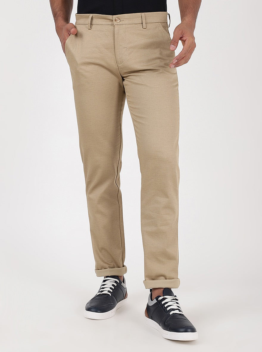 Beige Solid Super Slim Fit Casual Trouser | Greenfibre