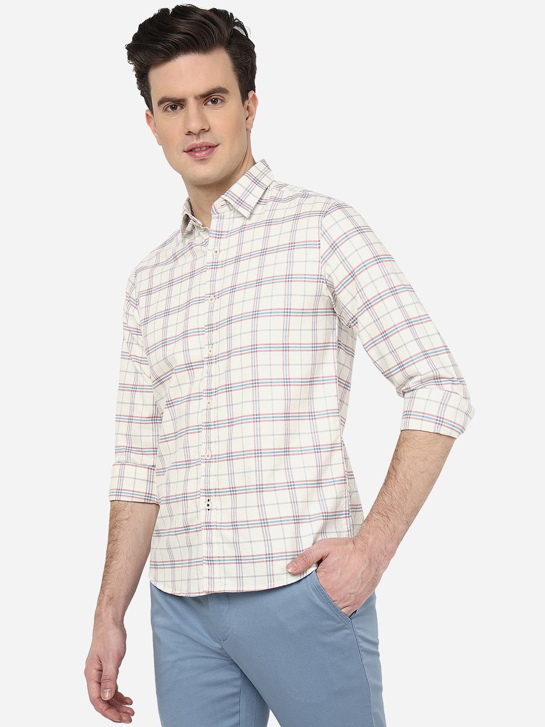 Cloud Cream Checked Slim Fit Casual Shirt | Greenfibre