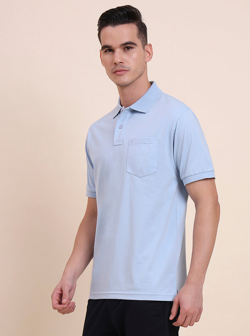Sky Blue Printed Regular Fit Polo T-Shirt | Greenfibre