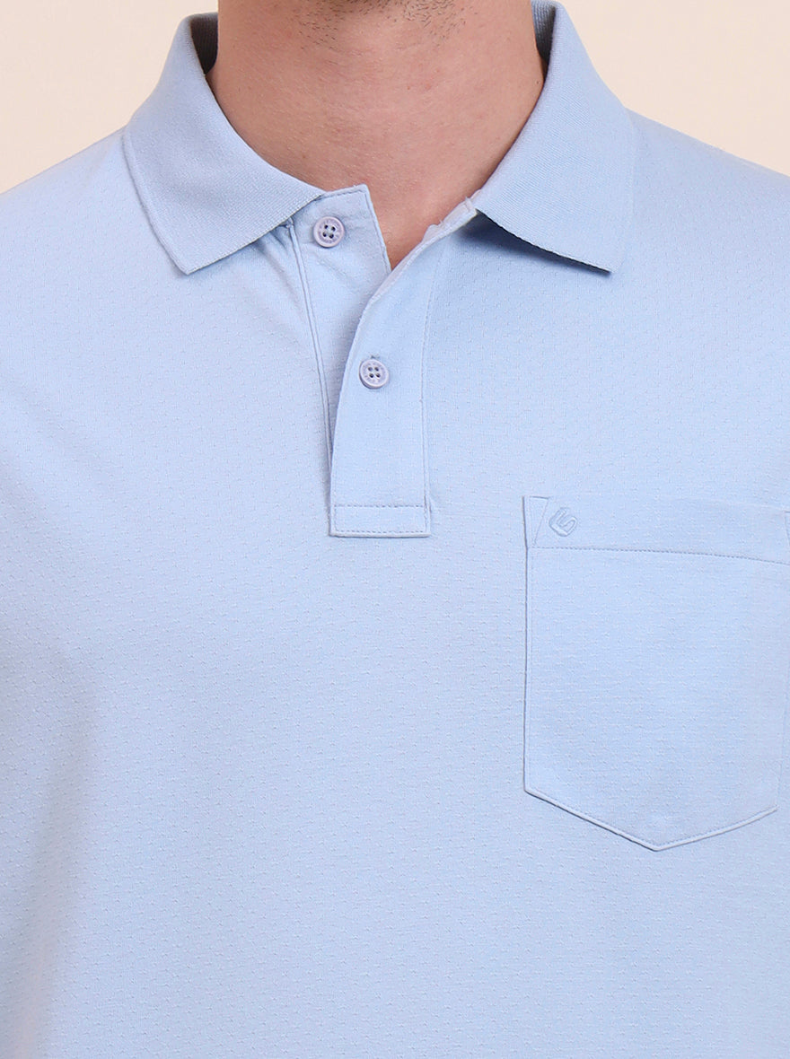 Sky Blue Printed Regular Fit Polo T-Shirt | Greenfibre
