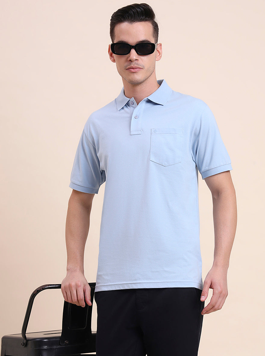 Sky Blue Printed Regular Fit Polo T-Shirt | Greenfibre
