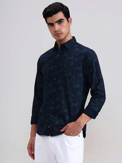 Navy Blue Printed Slim Fit Casual Shirt | Greenfibre