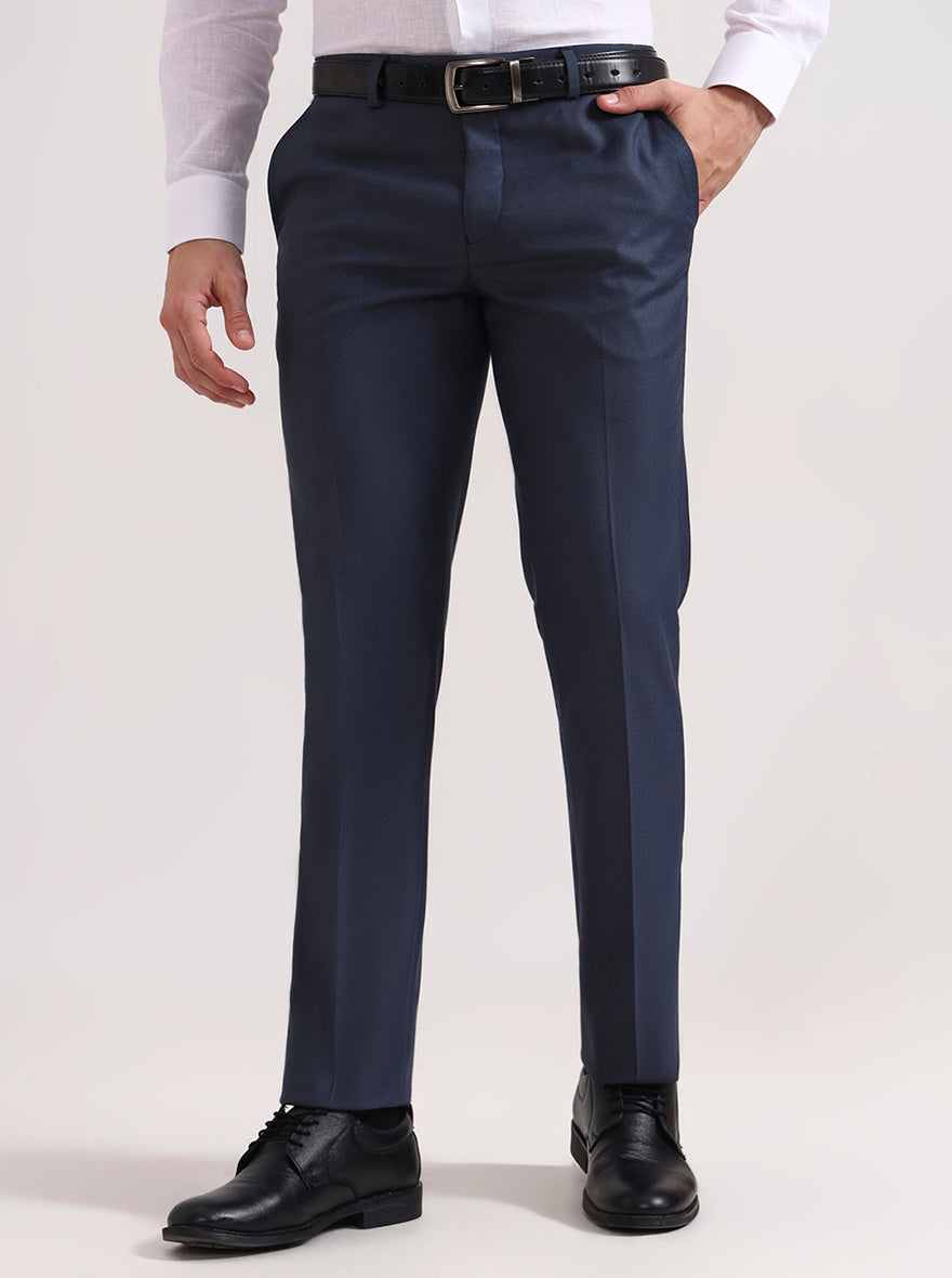 Blue Solid Slim Fit Formal Trouser | Greenfibre