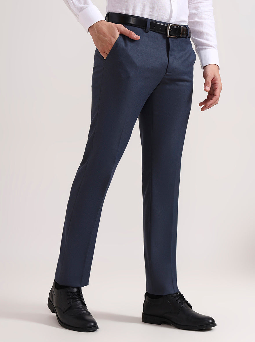 Blue Solid Slim Fit Formal Trouser | Greenfibre
