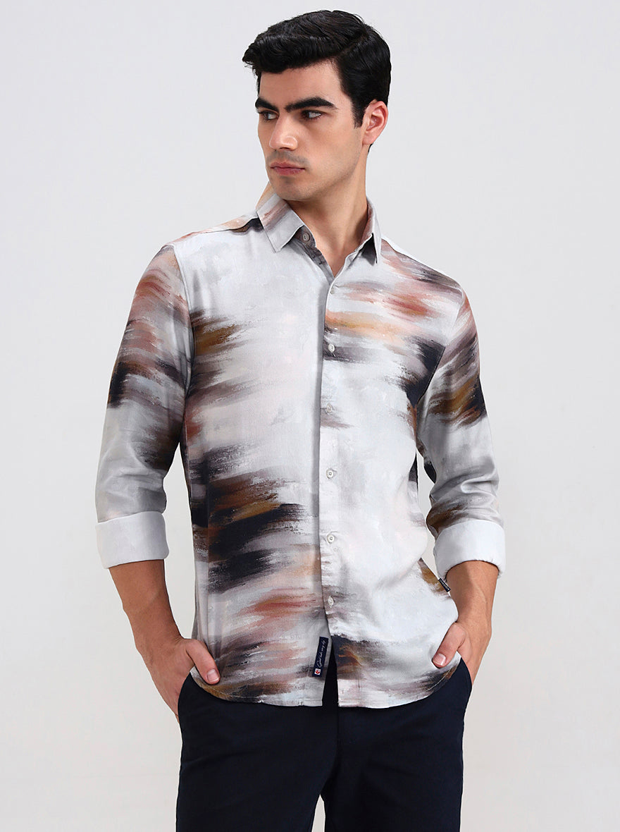 Light Grey Printed Slim Fit Casual Shirt | Greenfibre
