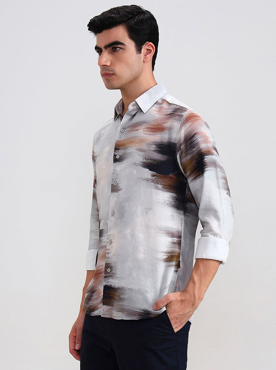 Light Grey Printed Slim Fit Casual Shirt | Greenfibre