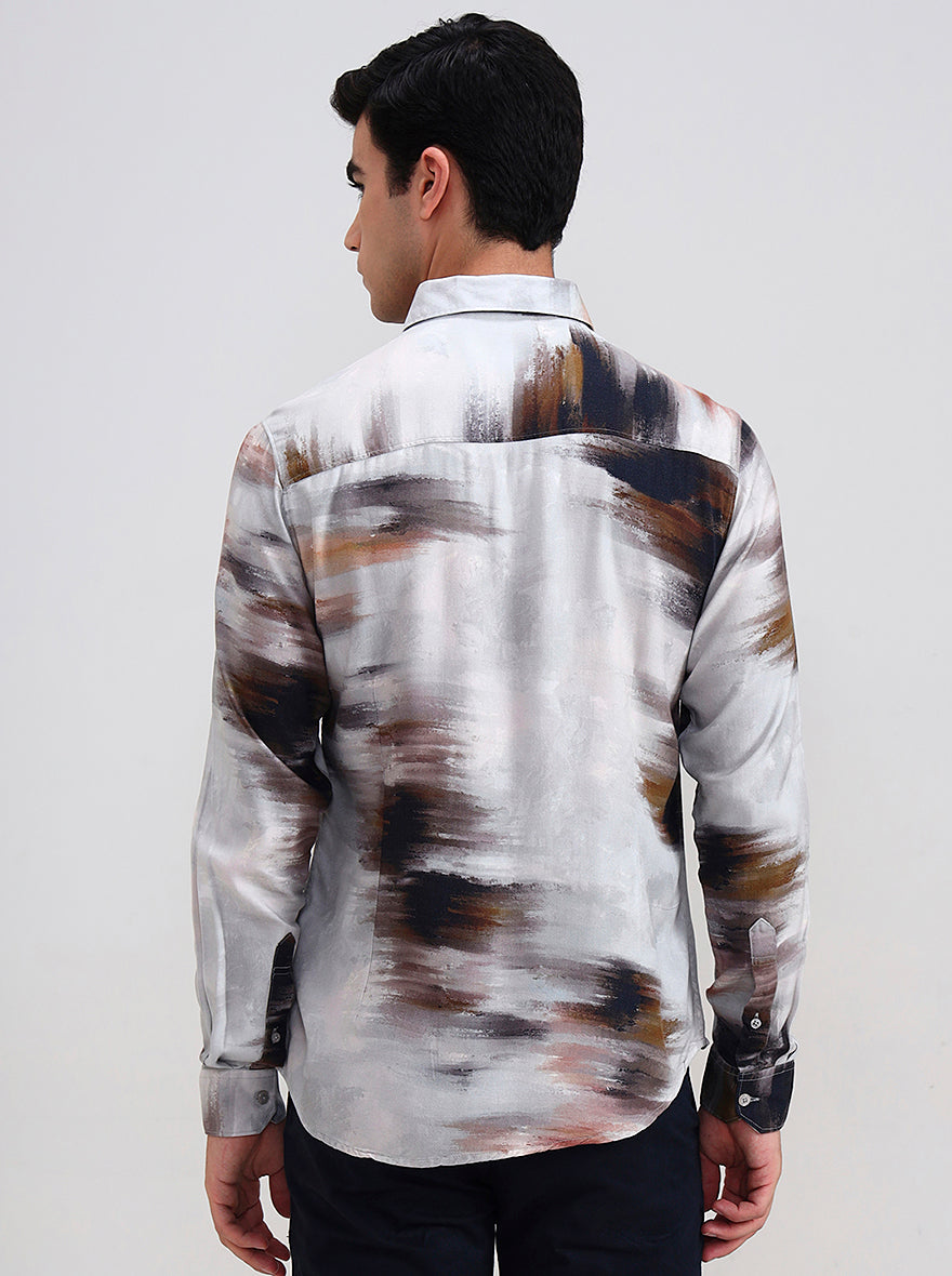 Light Grey Printed Slim Fit Casual Shirt | Greenfibre