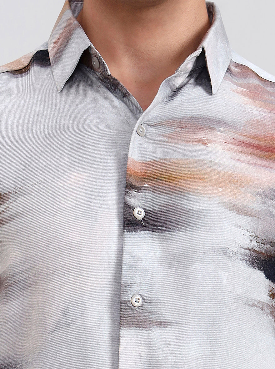 Light Grey Printed Slim Fit Casual Shirt | Greenfibre