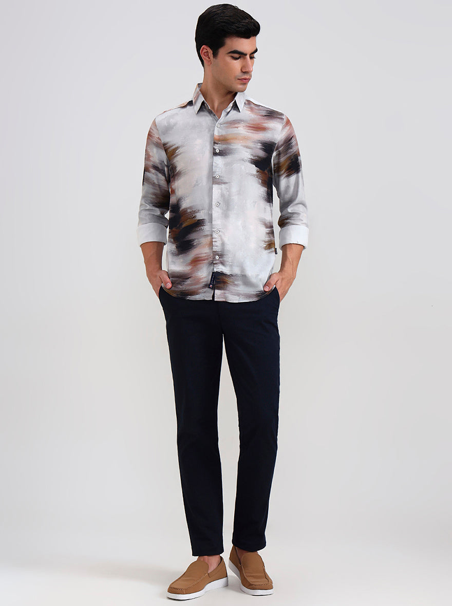 Light Grey Printed Slim Fit Casual Shirt | Greenfibre