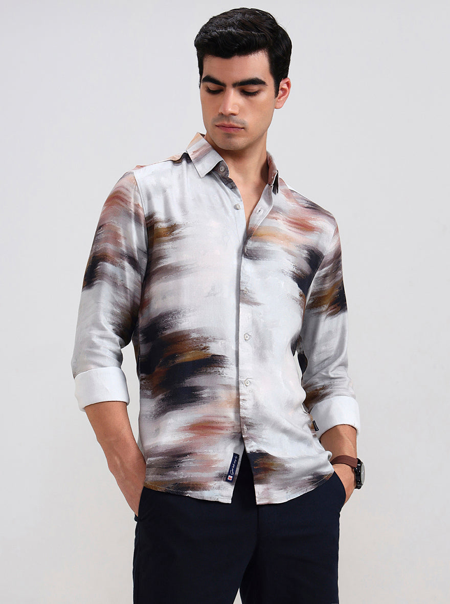 Light Grey Printed Slim Fit Casual Shirt | Greenfibre