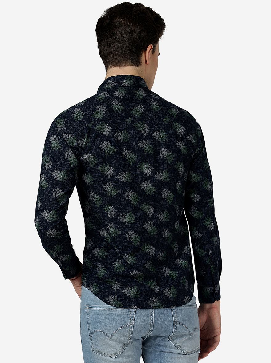 Navy Blue Printed Slim Fit Casual Shirt | Greenfibre