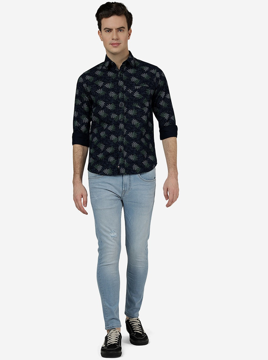 Navy Blue Printed Slim Fit Casual Shirt | Greenfibre
