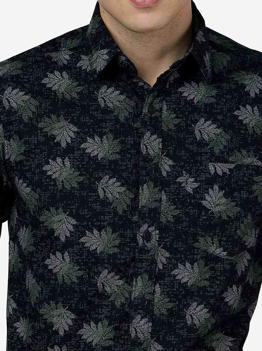 Navy Blue Printed Slim Fit Casual Shirt | Greenfibre