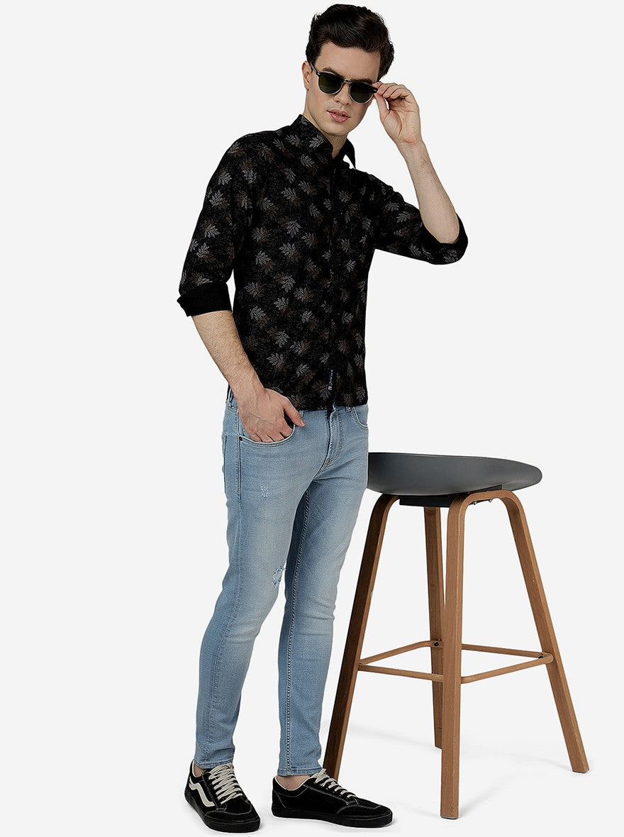 Black Printed Slim Fit Casual Shirt | Greenfibre