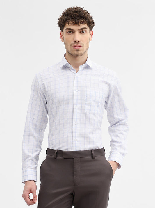 White & Blue Checked Regular Fit Formal Shirt | Greenfibre