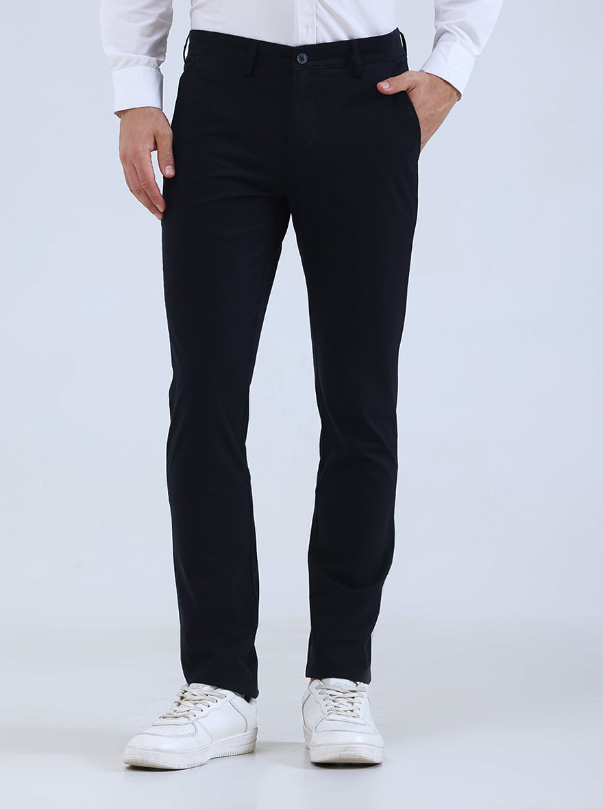 Navy Blue Solid Super Slim Fit Casual Trouser | Greenfibre