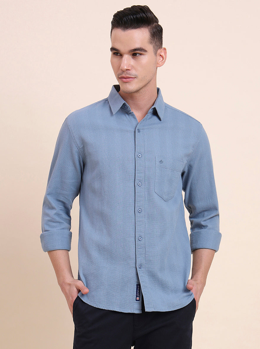 Steel Blue Solid Slim Fit Casual Shirt | Greenfibre