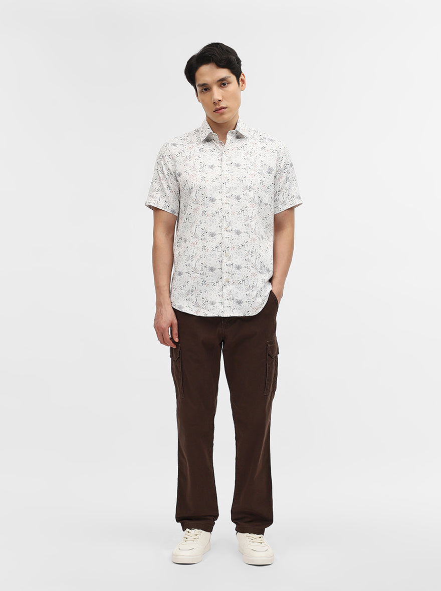 White & Grey Printed Tailored Fit Semi Casual Shirt | Greenfibre