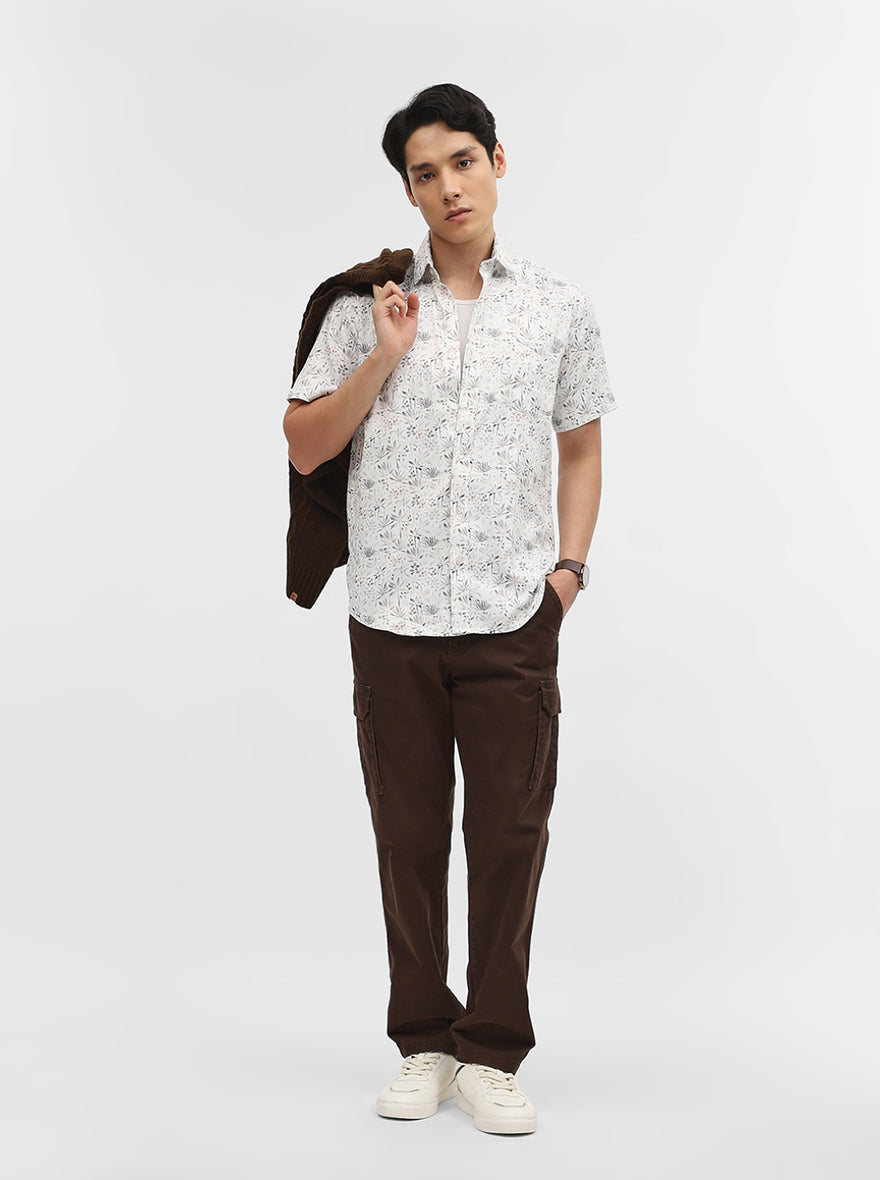 White & Grey Printed Tailored Fit Semi Casual Shirt | Greenfibre