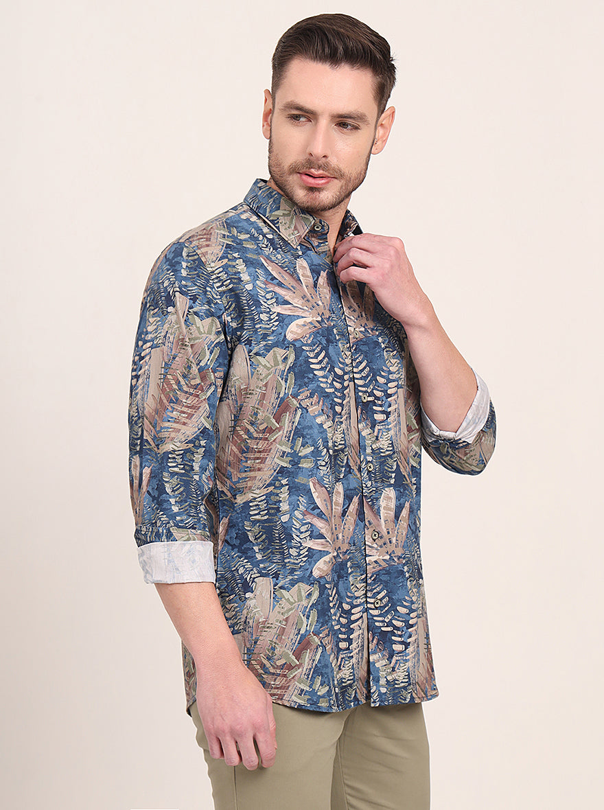 Navy Blue Printed Slim Fit Casual Shirt | JadeBlue