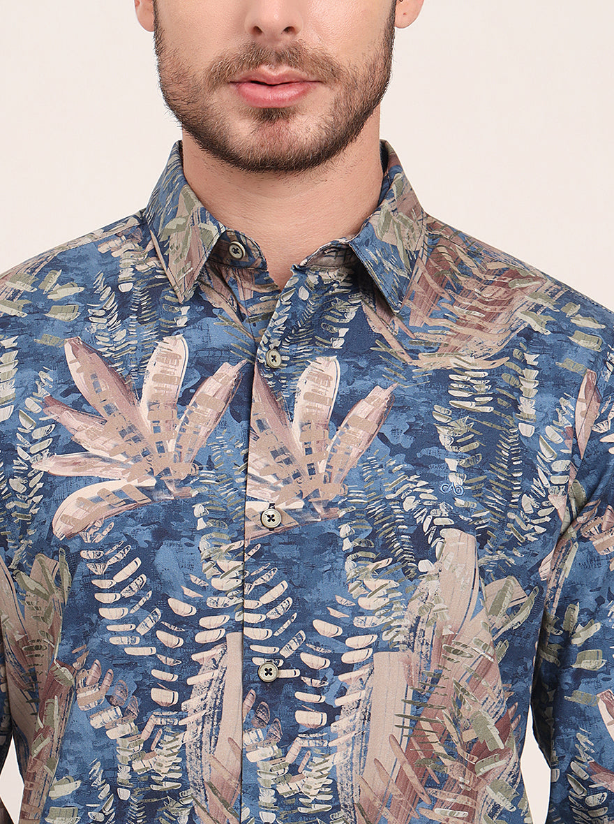 Navy Blue Printed Slim Fit Casual Shirt | JadeBlue