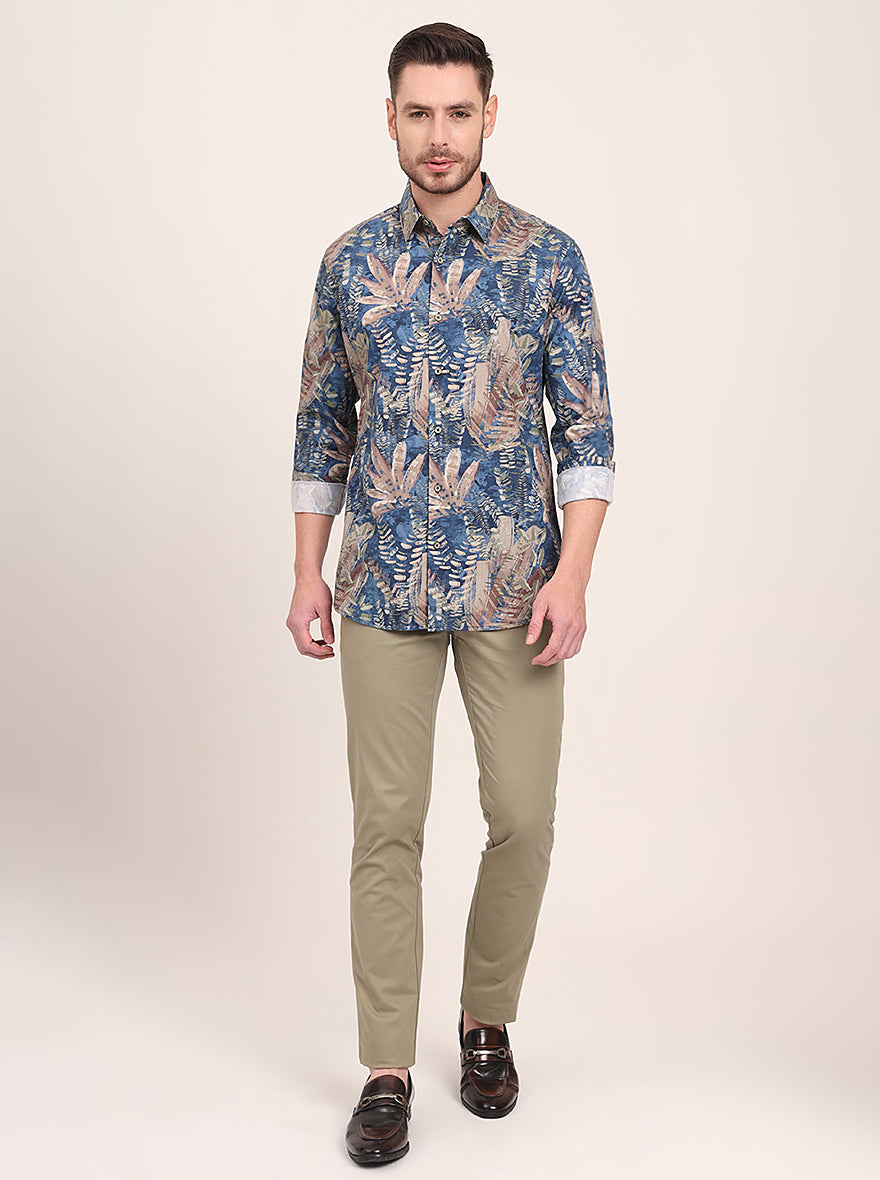 Navy Blue Printed Slim Fit Casual Shirt | JadeBlue