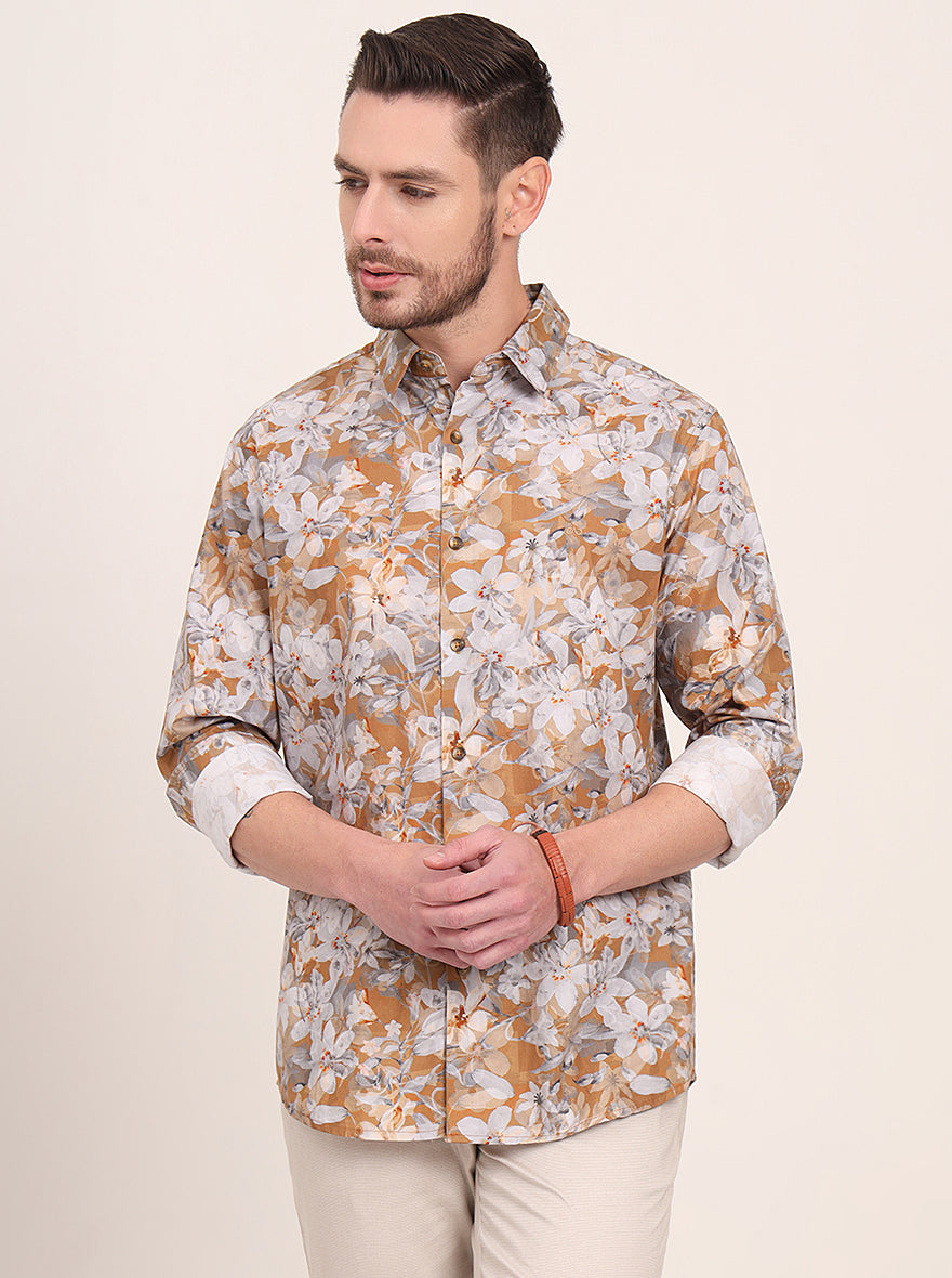Yellow Printed Slim Fit Casual Shirt | JadeBlue
