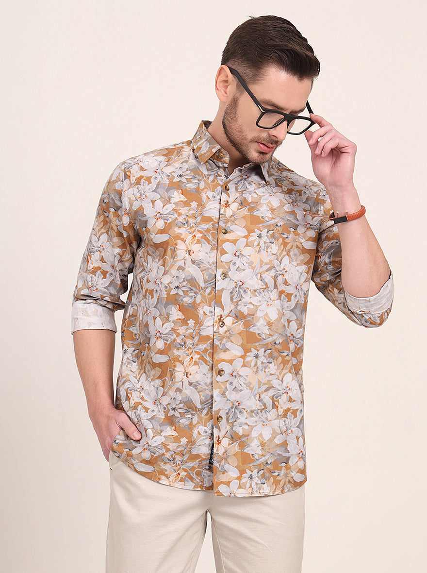 Yellow Printed Slim Fit Casual Shirt | JadeBlue