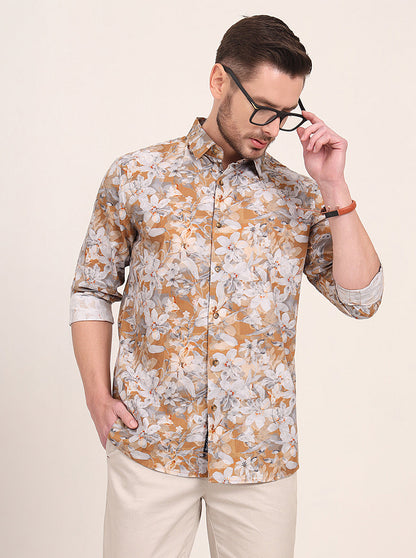Yellow Printed Slim Fit Casual Shirt | JadeBlue